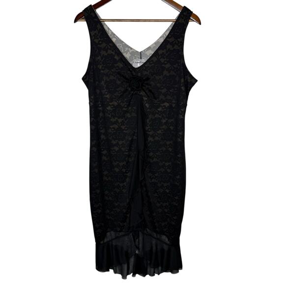 L’atelier Clientele Vintage Ruffle Dress Black Lace Print Mesh Overlay sz Large - Picture 1 of 7